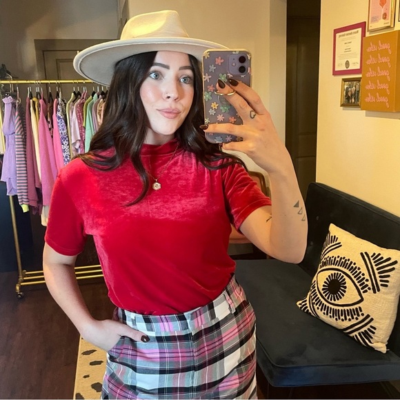 Vintage Red Velvet Mock Neck Short Sleeve Top - Picture 1 of 8